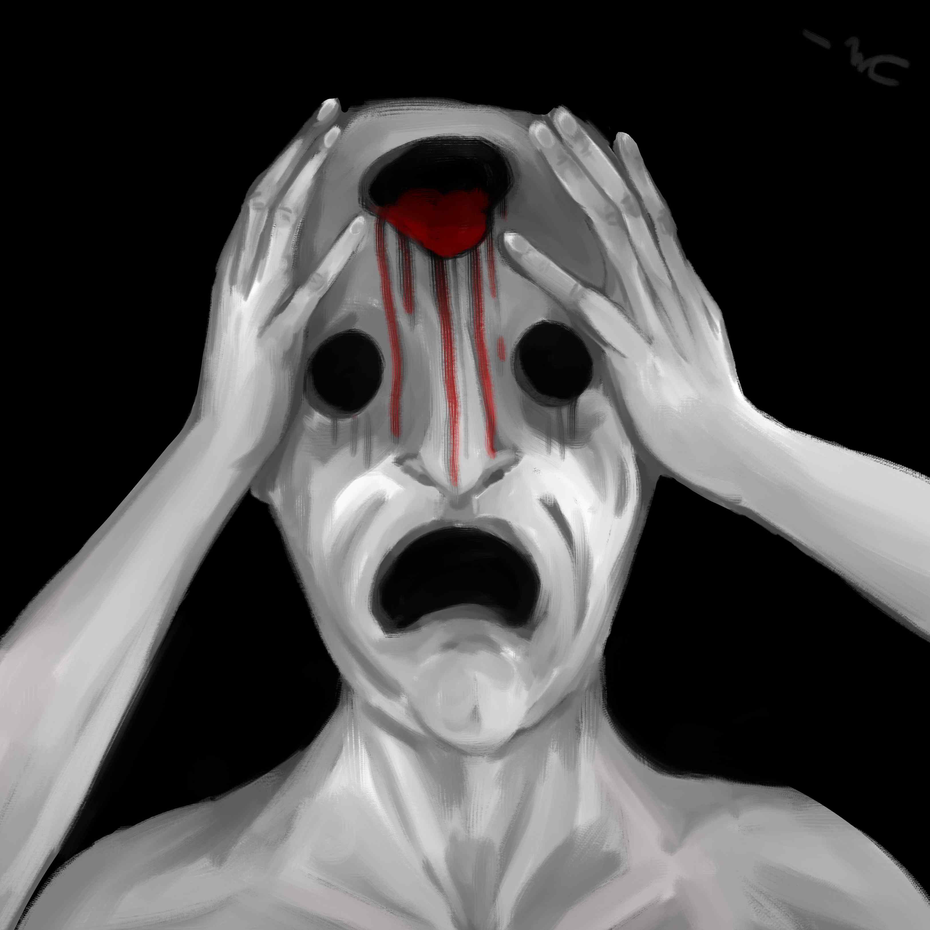A digital painting of a the bust of a grey human with an anguished face. There is a large hole in their head leaking blood. 
